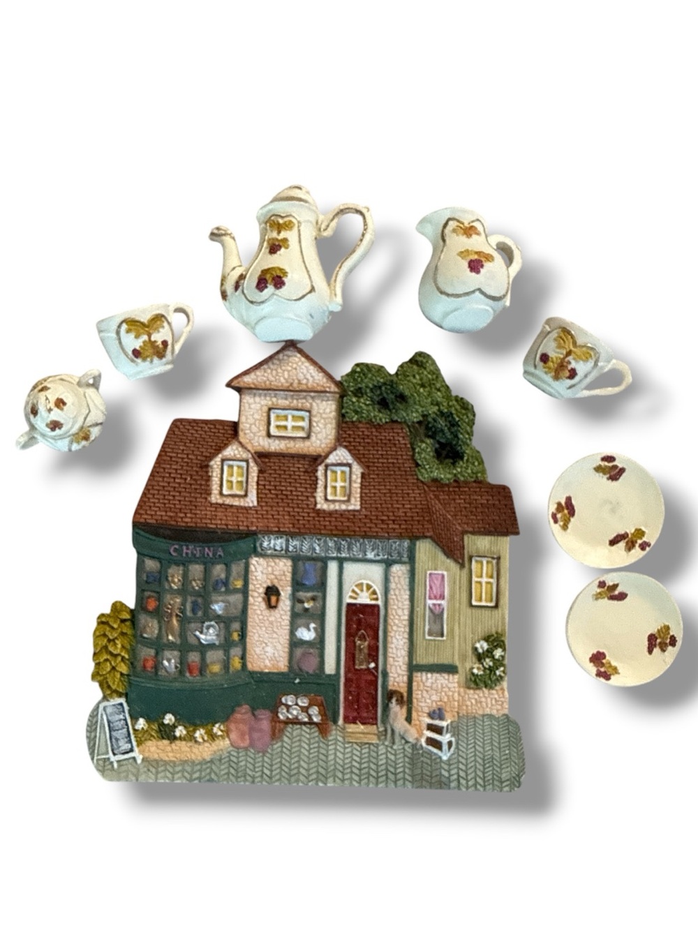 VTG Popular Imports "The China Shop" Miniature Cottage & Teaset Lot Cottagecore